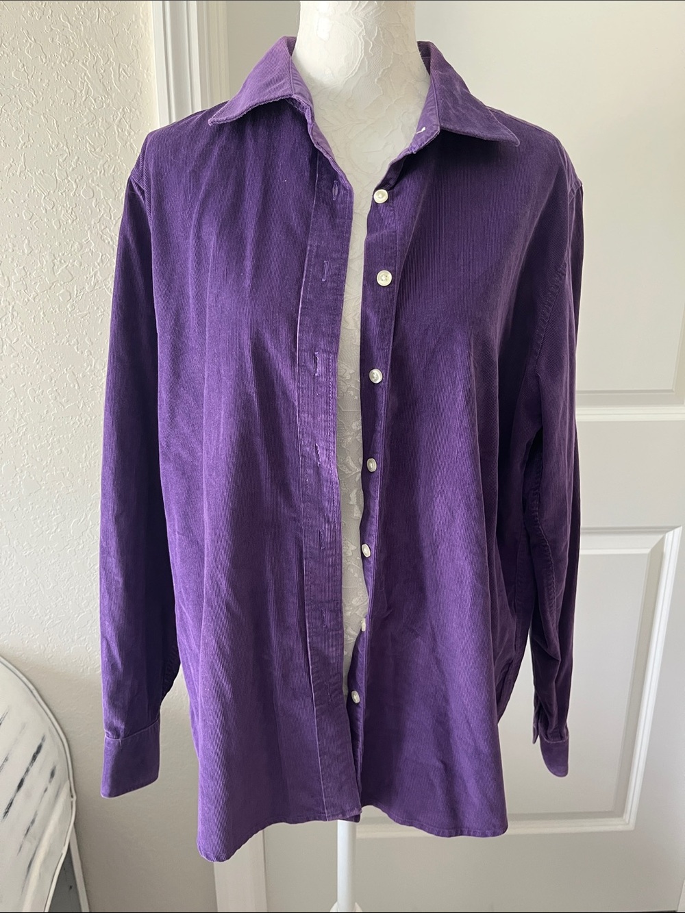 Lands' End VTG Corduroy Purple Button-Down Women's Shirt 100 Cotton SZ L 14-16